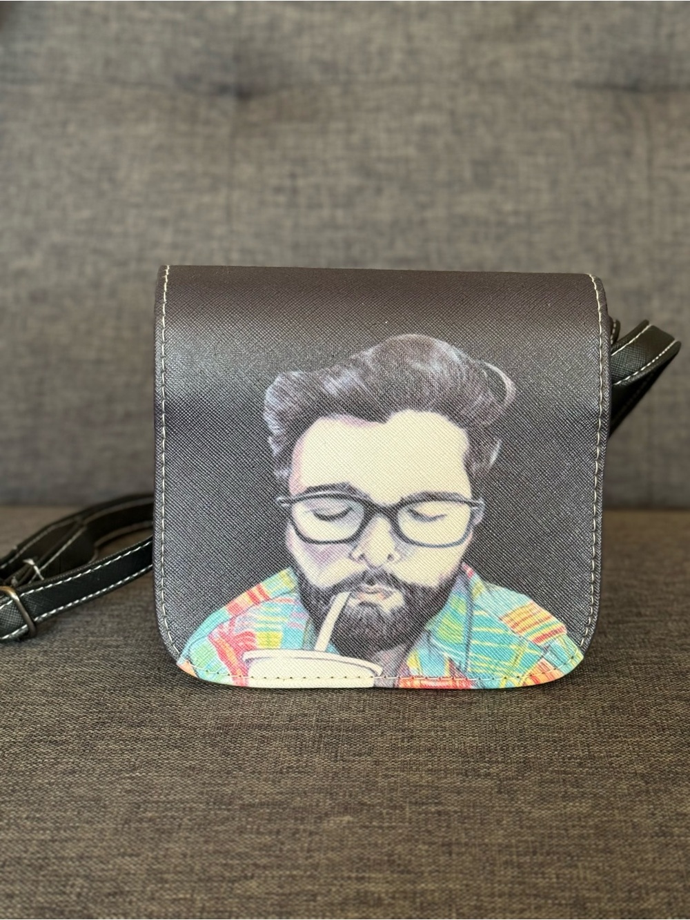 New Without Tag Black Crossbody Bag with Graphic Portrait Print - Picture 3 of 10